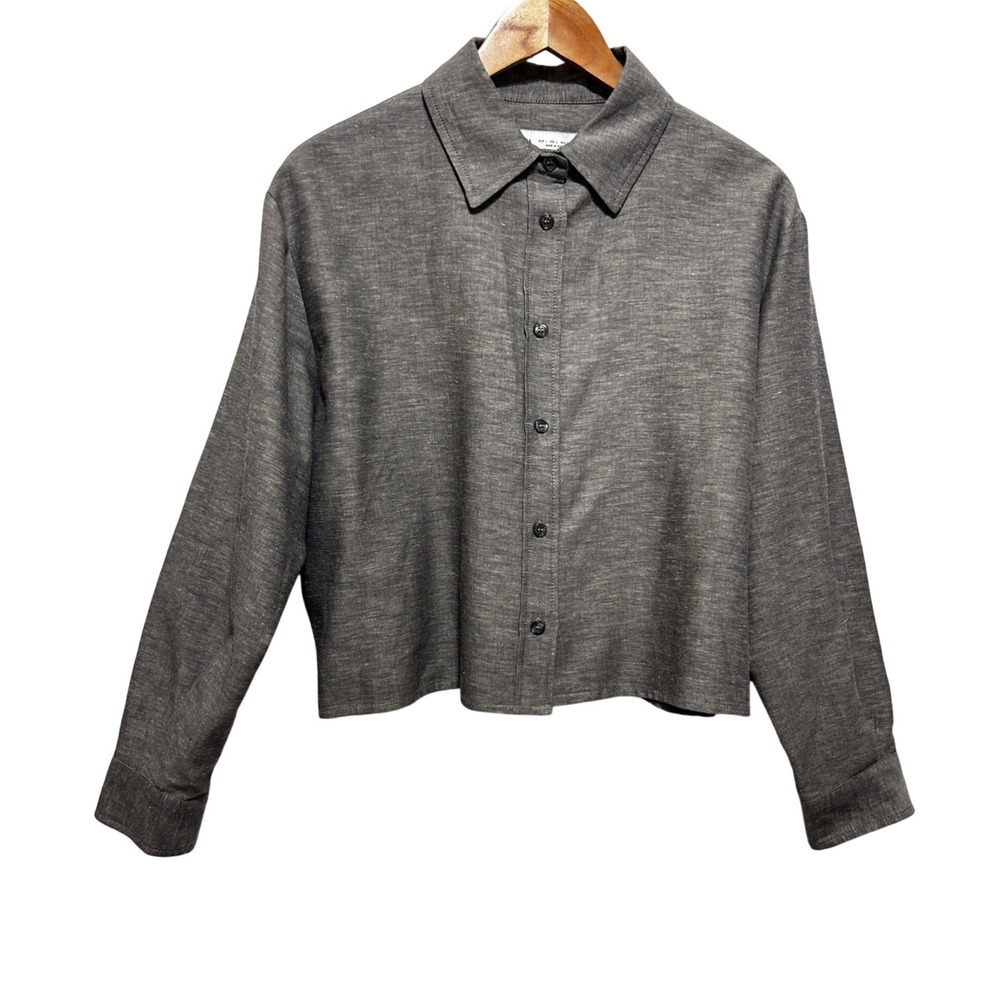 Zara Women ZW Collection Cropped Top L Gray Cotton Linen Boxy Minimalist Coastal